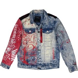 Reason Denim Jacket Graphic Acid Wash Distressed Streetwear Mens M Painted Punk